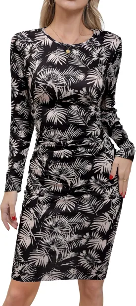 Missufe Women's Long Sleeve Slim Ruched Bodycon Dress 2025 Trendy Fall Casual Round Neck Sheath Knee Length Outfits Clothes