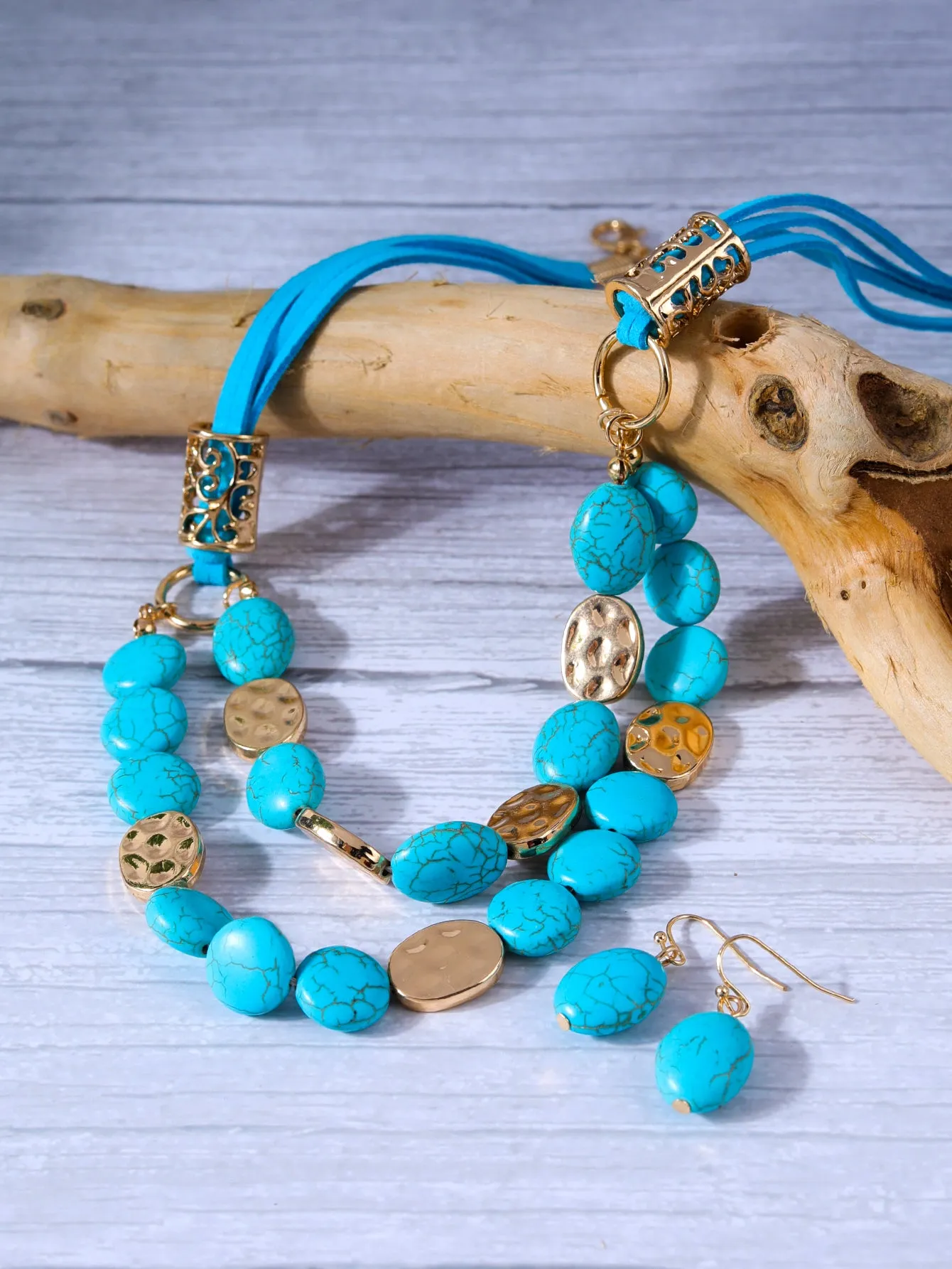 Multilayer Colorful Natural Stone Necklace Earrings Vintage Jewelry Set