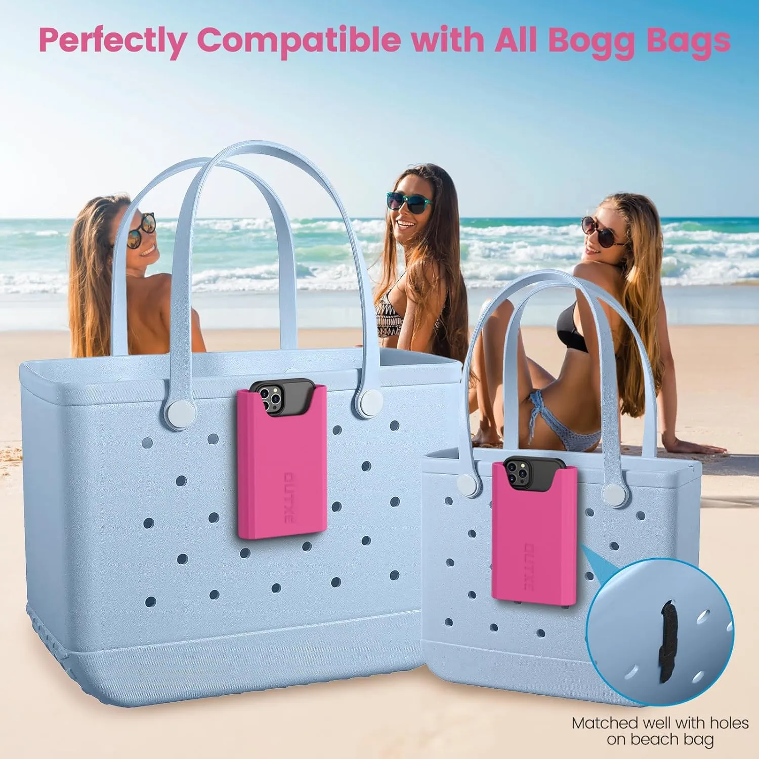 OUTXE Silicone Phone Holder for Bogg Bag, Phone Case Holder Charms Accessory Compatible with All Bogg Bags, Cell Phones Holder for Bogg Bag, Phone Holder Attachment for Beach Tote Bags- Haute Pink