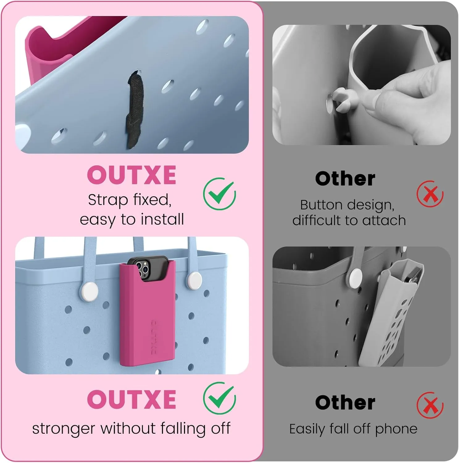 OUTXE Silicone Phone Holder for Bogg Bag, Phone Case Holder Charms Accessory Compatible with All Bogg Bags, Cell Phones Holder for Bogg Bag, Phone Holder Attachment for Beach Tote Bags- Haute Pink