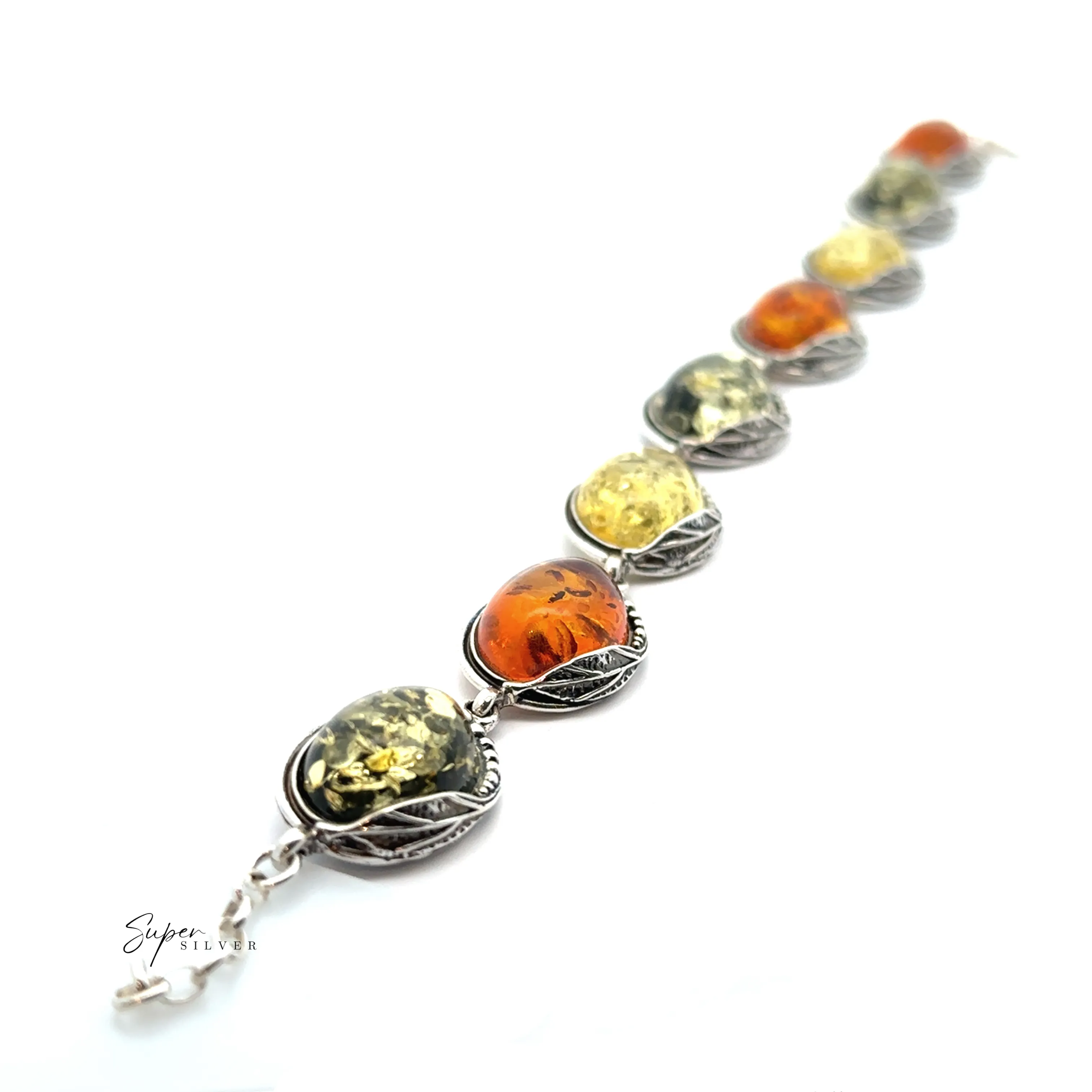 Oval Amber Link Bracelet With Leaf Detail