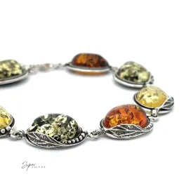 Oval Amber Link Bracelet With Leaf Detail