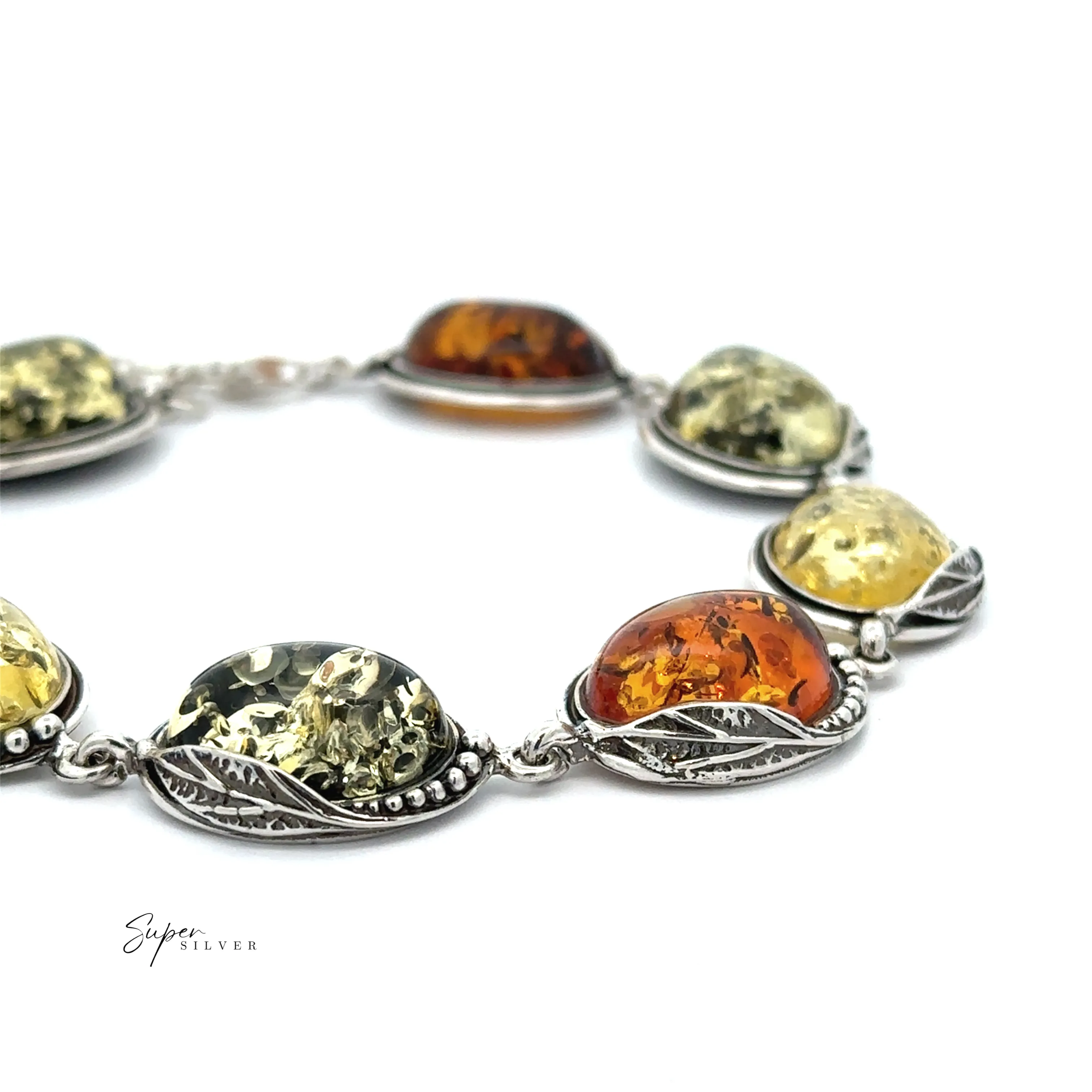 Oval Amber Link Bracelet With Leaf Detail