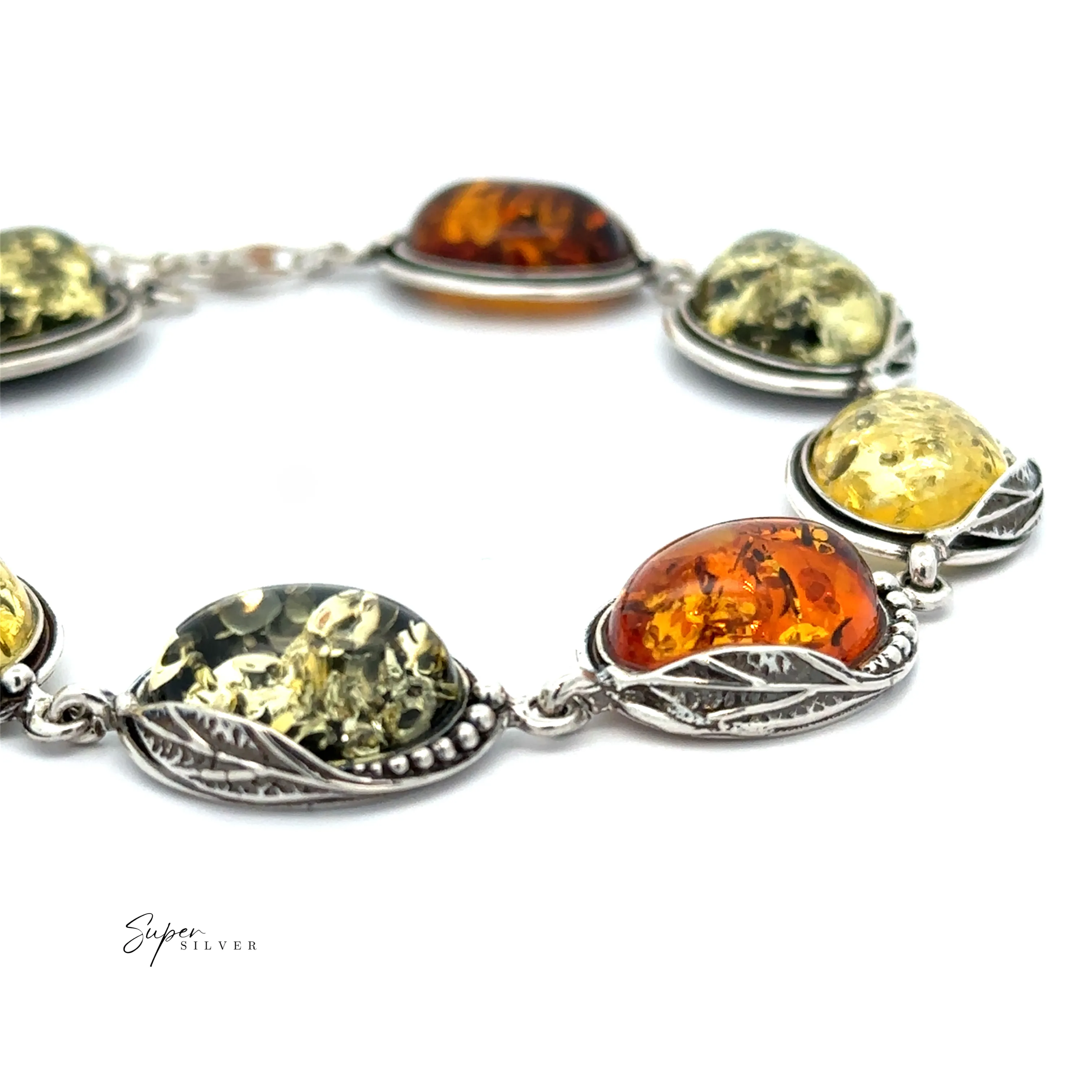 Oval Amber Link Bracelet With Leaf Detail
