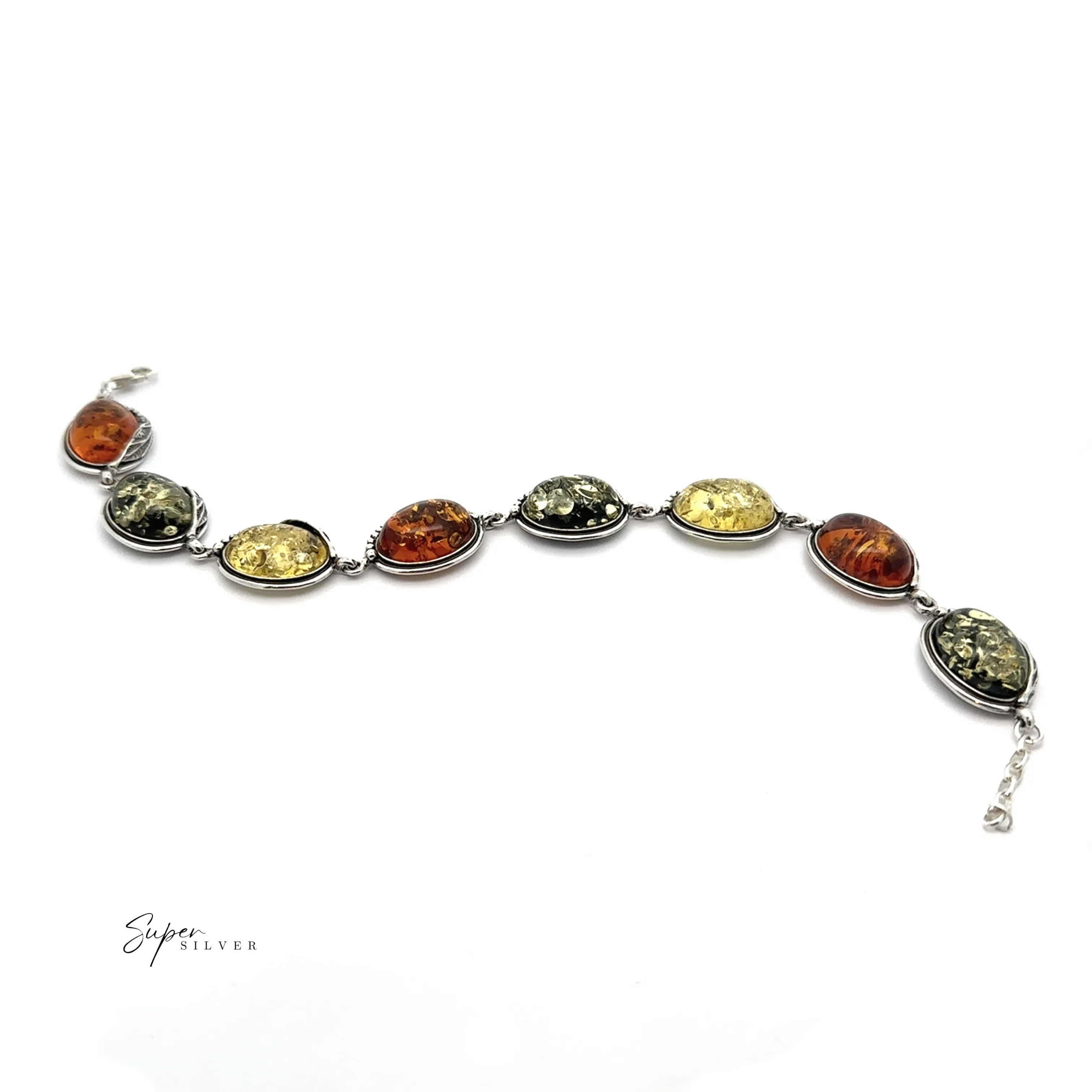 Oval Amber Link Bracelet With Leaf Detail