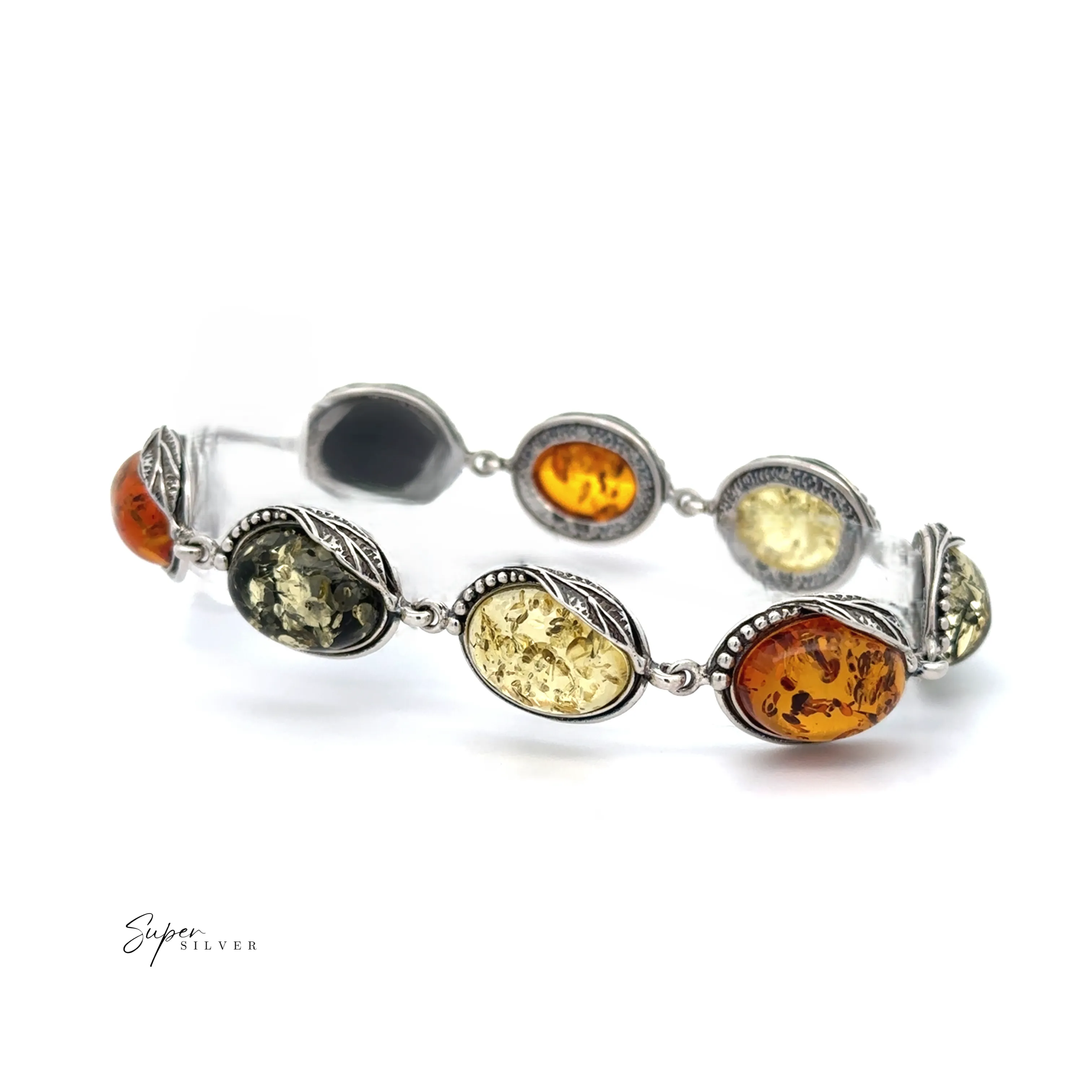 Oval Amber Link Bracelet With Leaf Detail