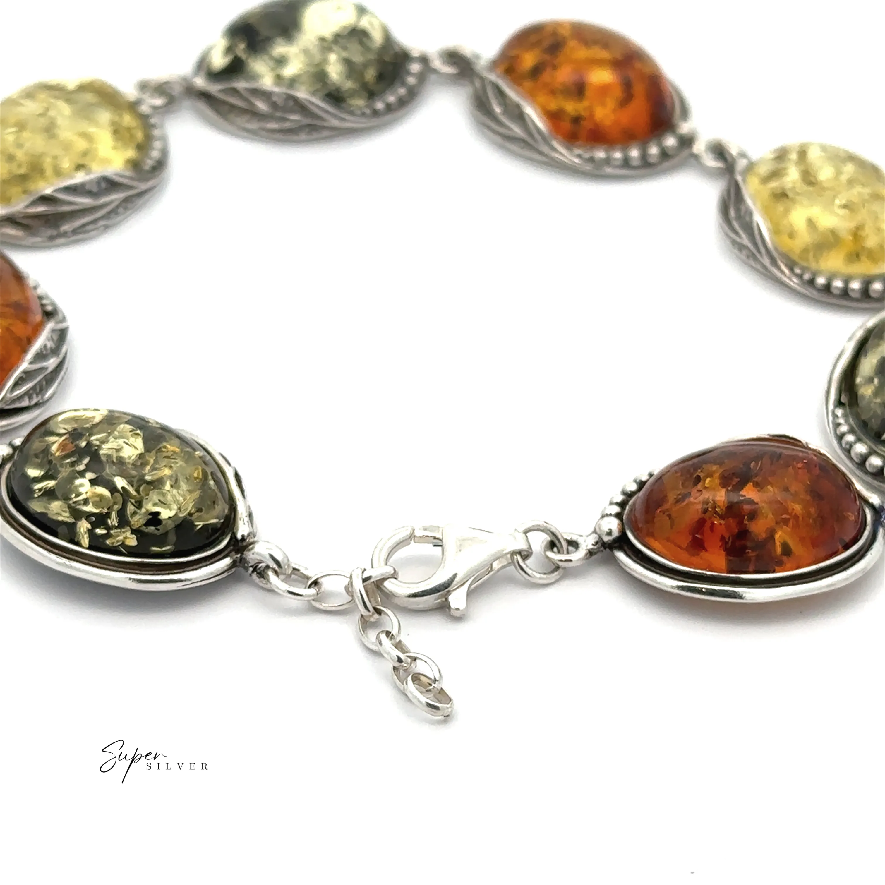 Oval Amber Link Bracelet With Leaf Detail