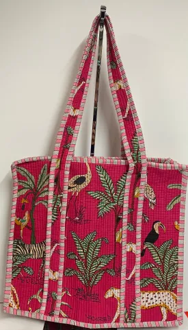 Quilted Cotton Tote Bag - Fuschia Leopard