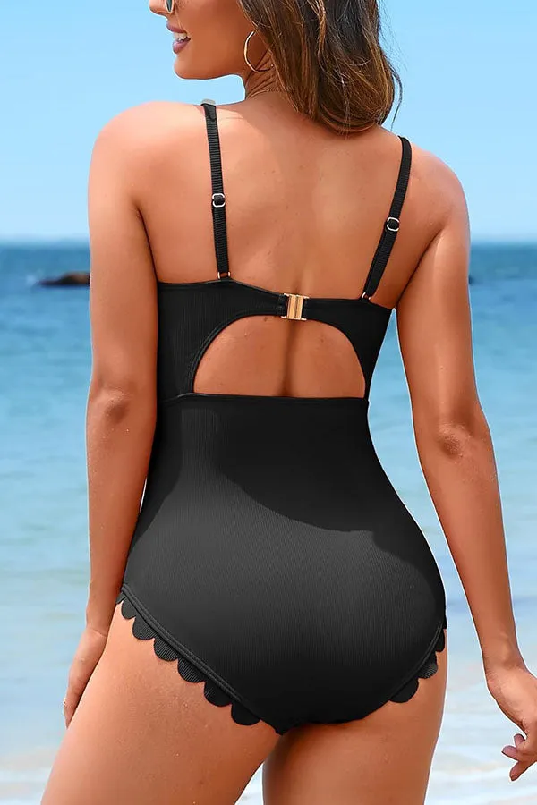Ribbed Scoop Neck Scalloped One Piece Swimsuits