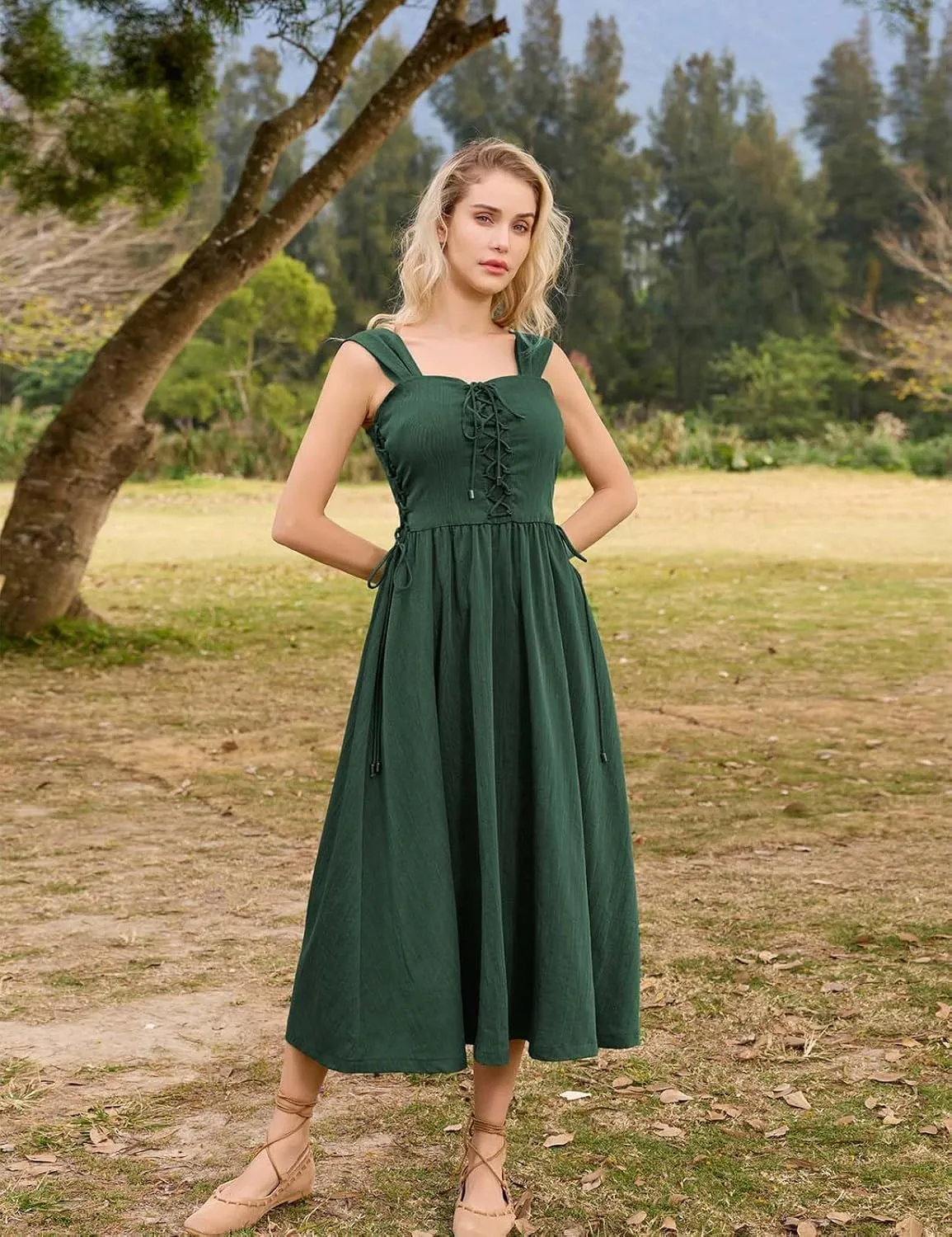 Scarlet Darkness Women Renaissance Summer Midi Dress Cottagecore Sleeveless Lace Up Dress