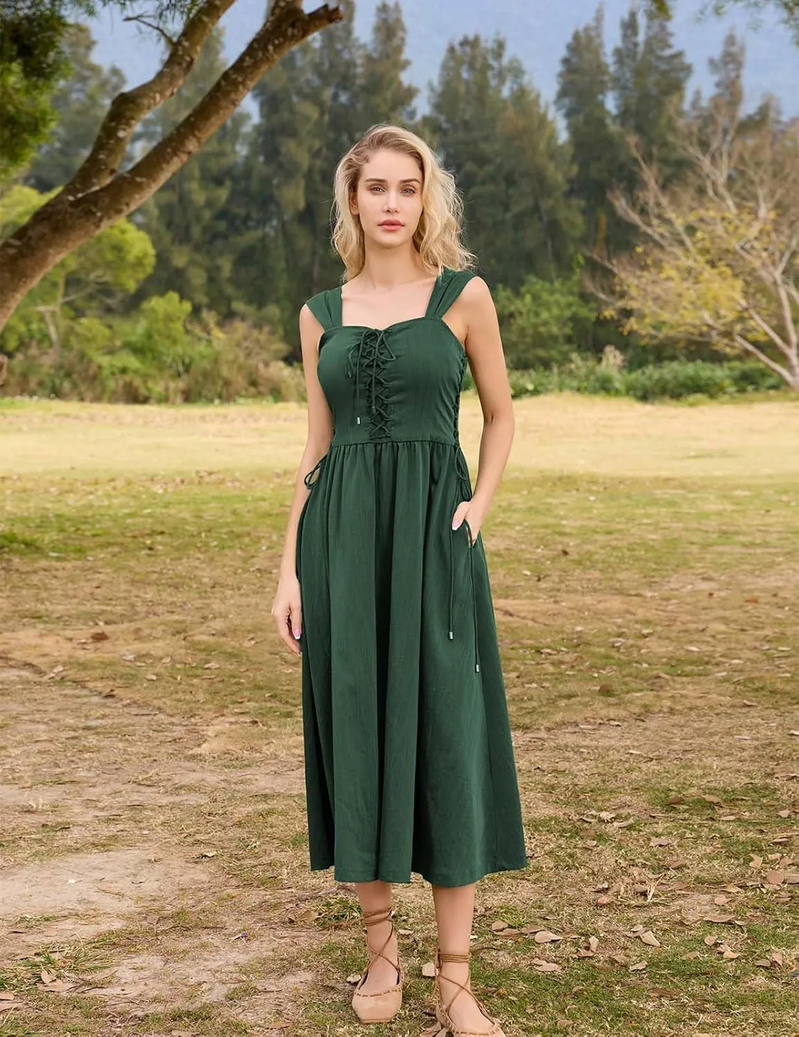 Scarlet Darkness Women Renaissance Summer Midi Dress Cottagecore Sleeveless Lace Up Dress