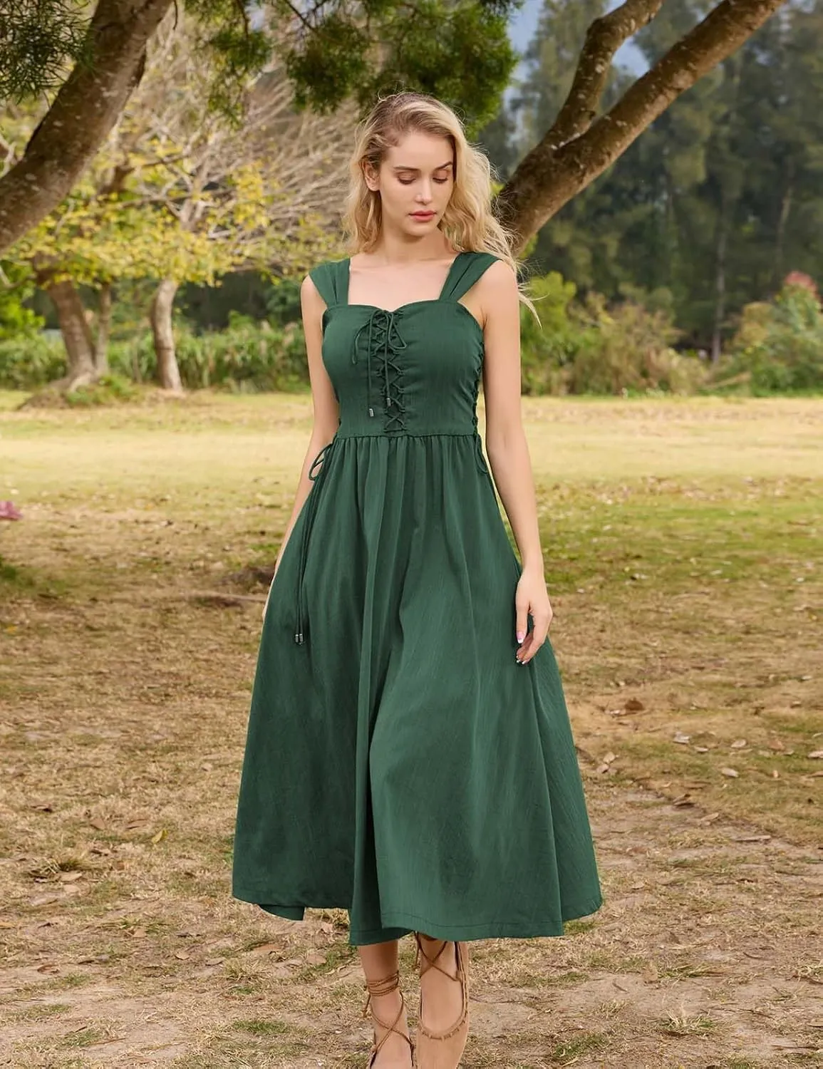 Scarlet Darkness Women Renaissance Summer Midi Dress Cottagecore Sleeveless Lace Up Dress