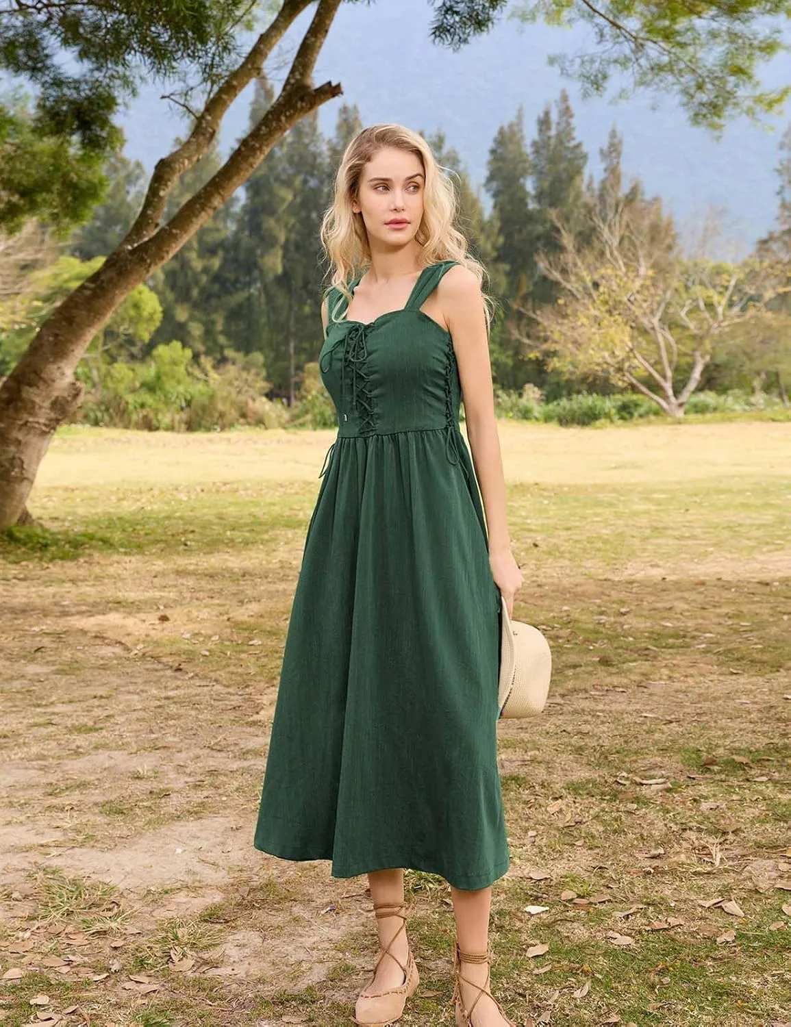 Scarlet Darkness Women Renaissance Summer Midi Dress Cottagecore Sleeveless Lace Up Dress