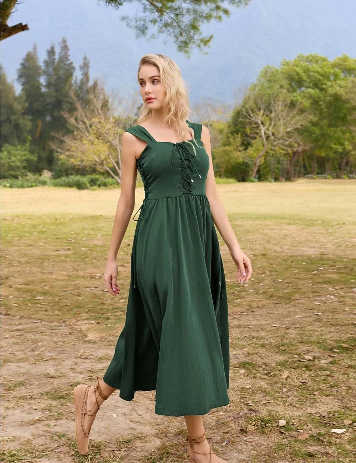 Scarlet Darkness Women Renaissance Summer Midi Dress Cottagecore Sleeveless Lace Up Dress