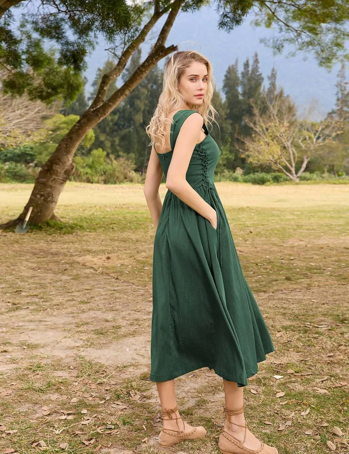 Scarlet Darkness Women Renaissance Summer Midi Dress Cottagecore Sleeveless Lace Up Dress