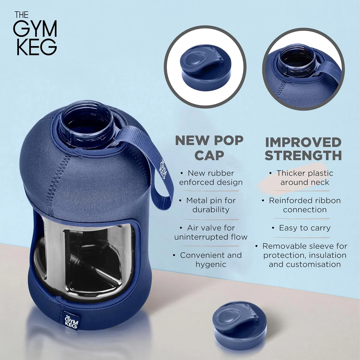 THE GYM KEG 74 oz Large Sports Water Bottle - Gym Water Bottles for Men with Neoprene Insulating Sleeve - Big Water Canister with Screw Cap - Portable Gym Bottle with Easy to Carry Handle - Dark Blue