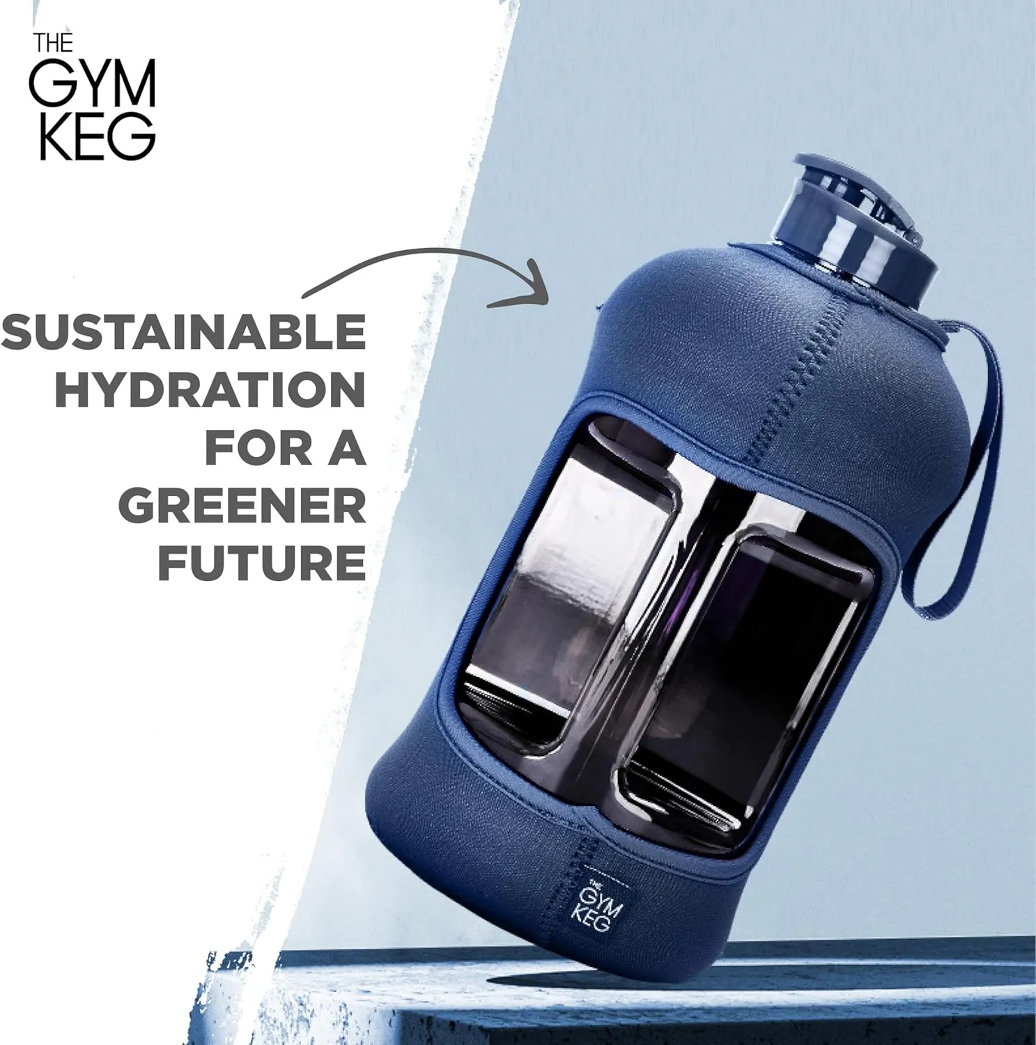 THE GYM KEG 74 oz Large Sports Water Bottle - Gym Water Bottles for Men with Neoprene Insulating Sleeve - Big Water Canister with Screw Cap - Portable Gym Bottle with Easy to Carry Handle - Dark Blue