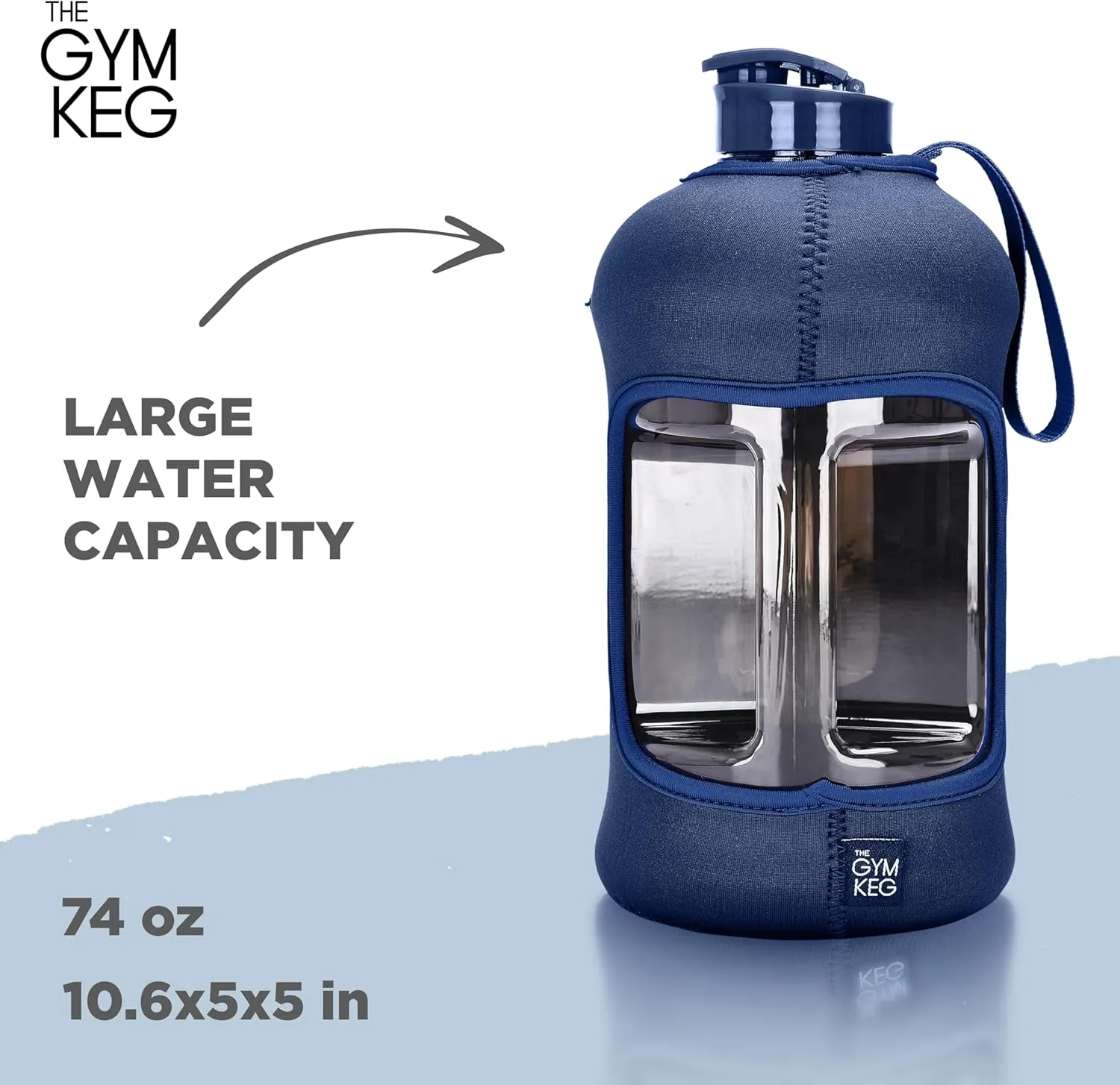 THE GYM KEG 74 oz Large Sports Water Bottle - Gym Water Bottles for Men with Neoprene Insulating Sleeve - Big Water Canister with Screw Cap - Portable Gym Bottle with Easy to Carry Handle - Dark Blue