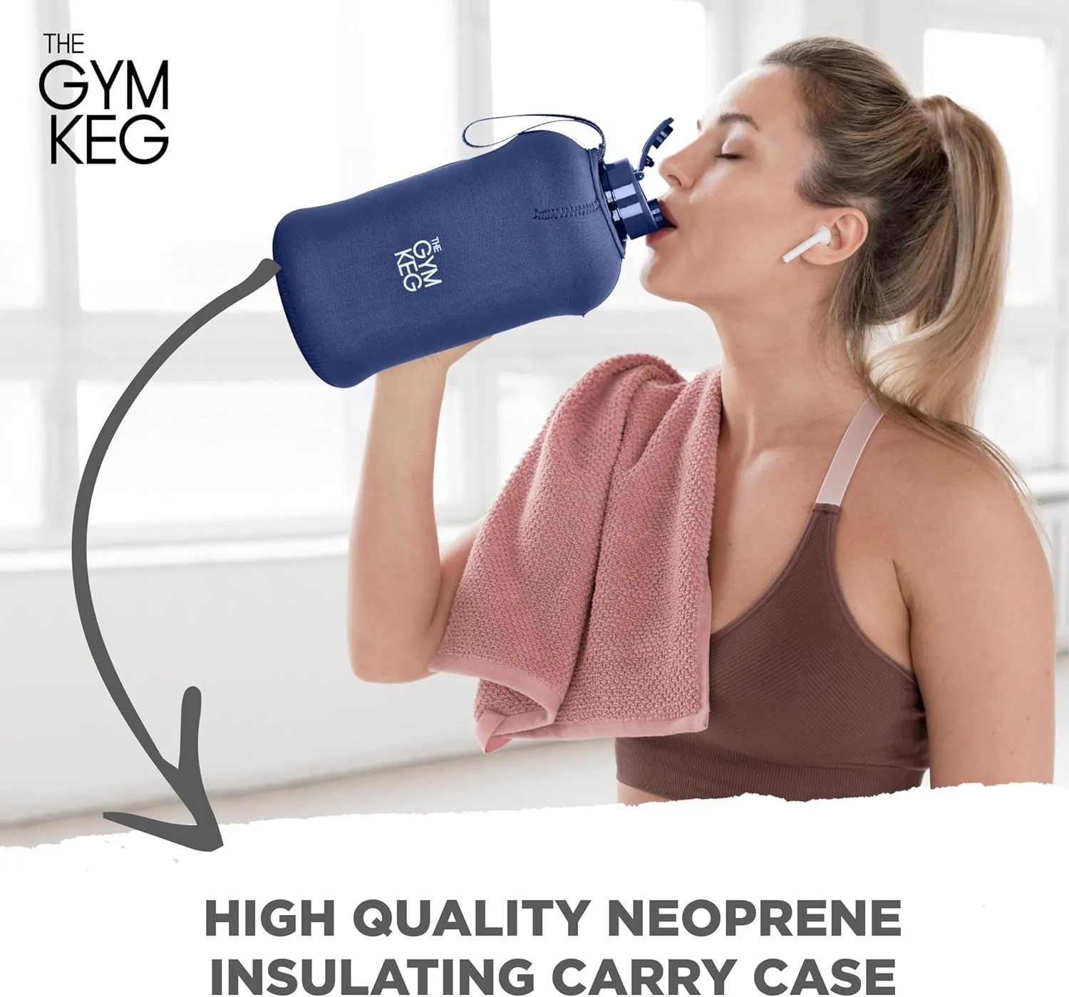 THE GYM KEG 74 oz Large Sports Water Bottle - Gym Water Bottles for Men with Neoprene Insulating Sleeve - Big Water Canister with Screw Cap - Portable Gym Bottle with Easy to Carry Handle - Dark Blue