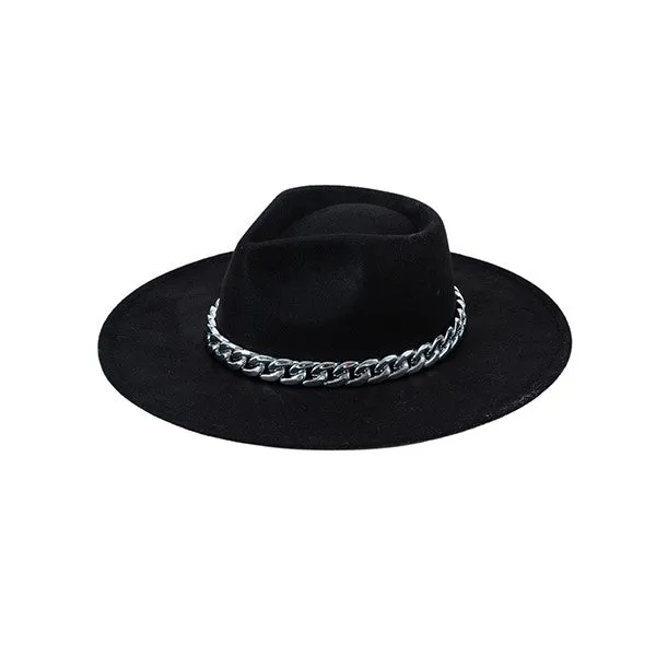 Thick Chain Band Suede Felt Fedora Hat