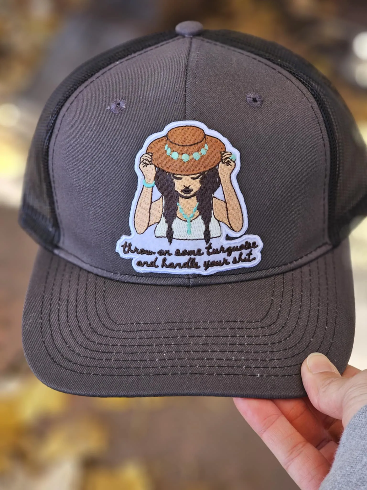 Throw On Some Turquoise Patch Grey Trucker Hat
