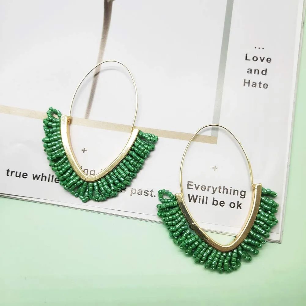 V-Shaped Beaded Dangle Earrings - Statement Drop Fringe Earrings, Boho Handmade Tassel Jewelry Gift for Women
