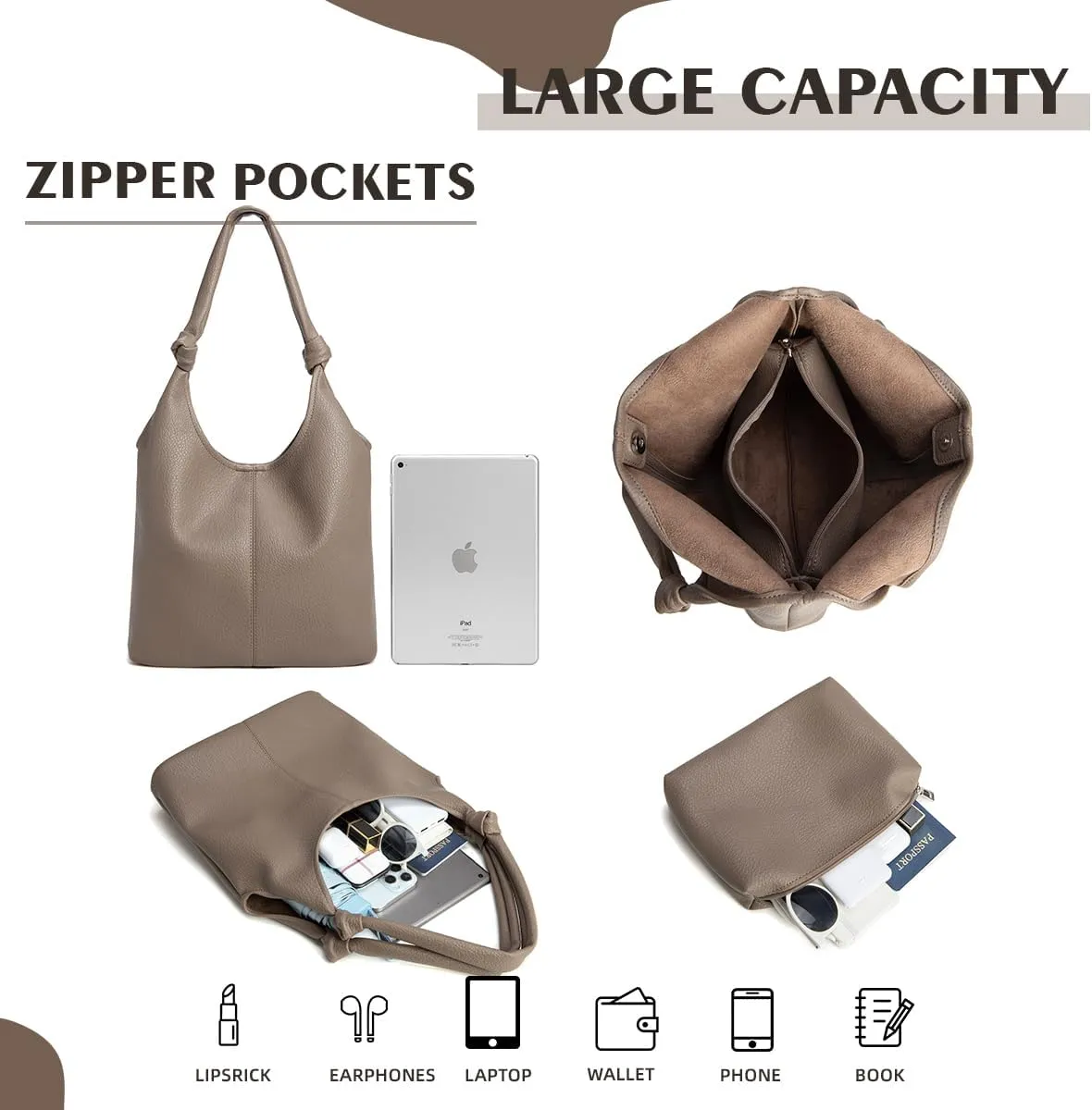 Vegan Leather Hobo Purses set, Slouchy Shoulder Bag Knotted Hobo Bags for Women with a small Purse and Clutch Handbag