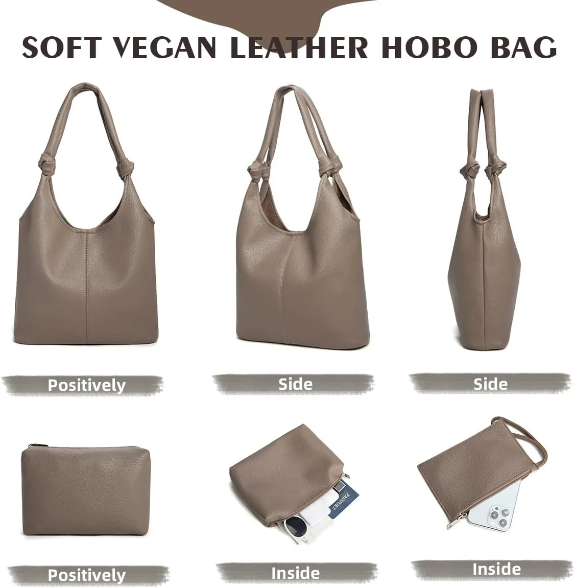 Vegan Leather Hobo Purses set, Slouchy Shoulder Bag Knotted Hobo Bags for Women with a small Purse and Clutch Handbag