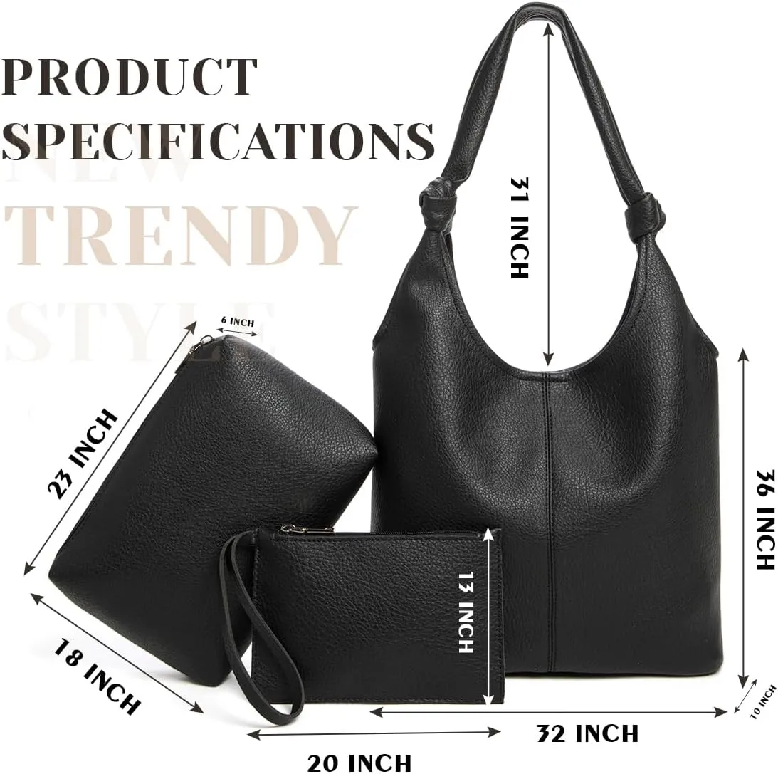 Vegan Leather Hobo Purses set, Slouchy Shoulder Bag Knotted Hobo Bags for Women with a small Purse and Clutch Handbag