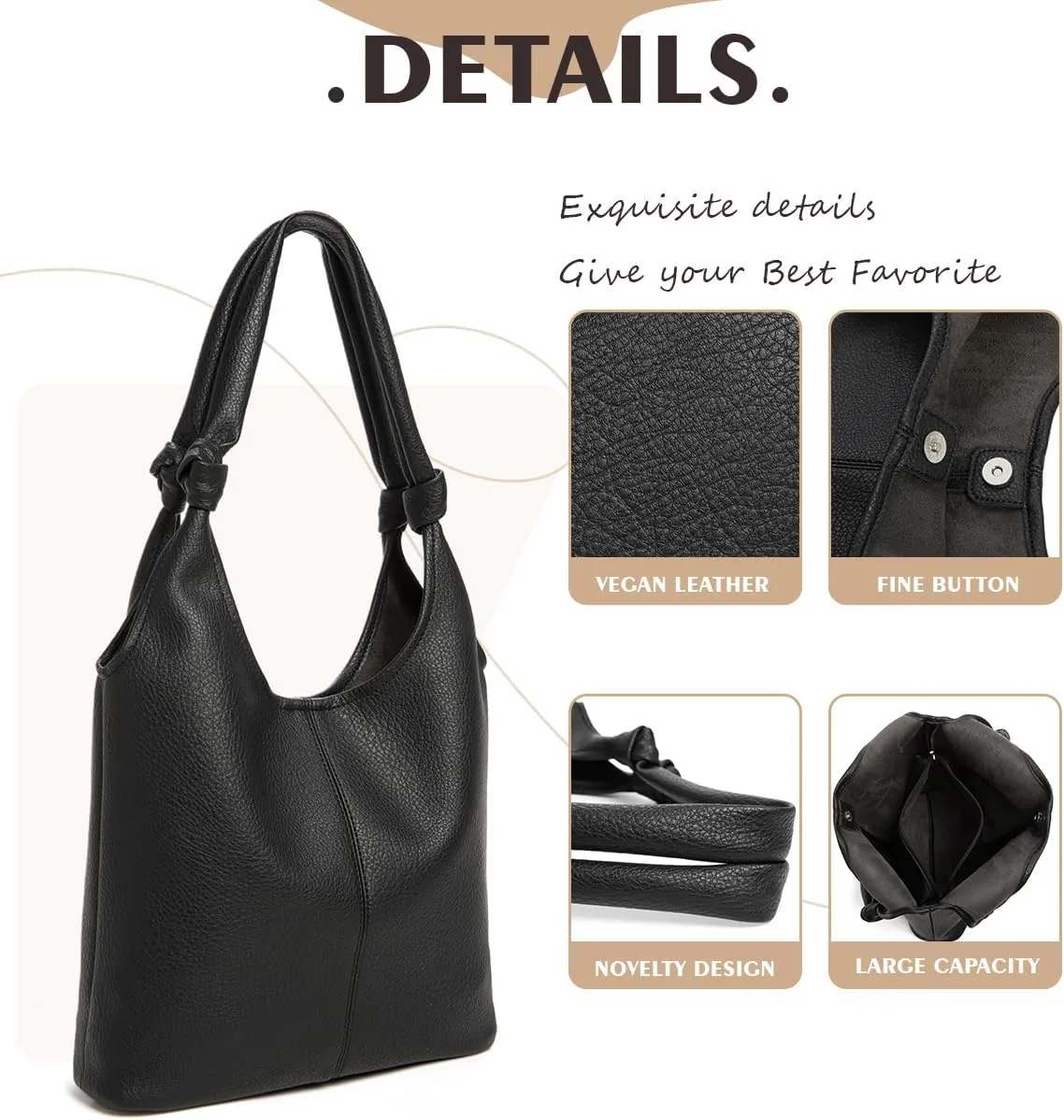 Vegan Leather Hobo Purses set, Slouchy Shoulder Bag Knotted Hobo Bags for Women with a small Purse and Clutch Handbag