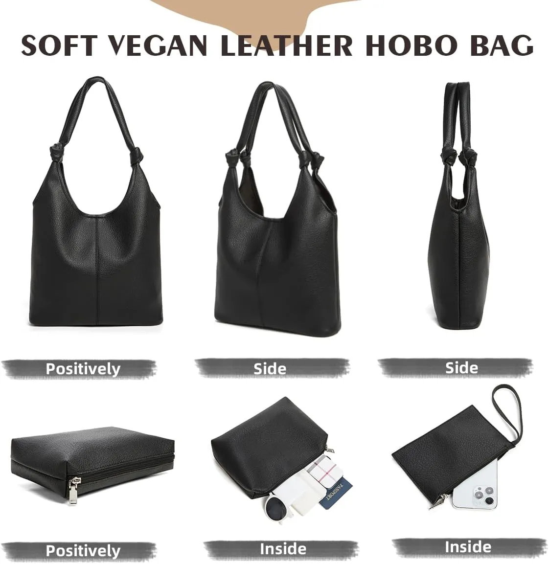 Vegan Leather Hobo Purses set, Slouchy Shoulder Bag Knotted Hobo Bags for Women with a small Purse and Clutch Handbag