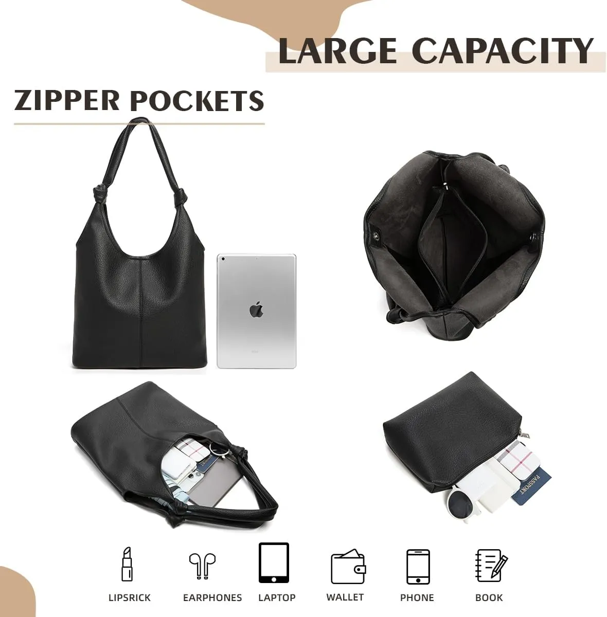Vegan Leather Hobo Purses set, Slouchy Shoulder Bag Knotted Hobo Bags for Women with a small Purse and Clutch Handbag