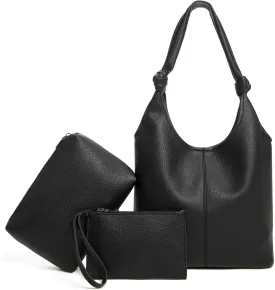 Vegan Leather Hobo Purses set, Slouchy Shoulder Bag Knotted Hobo Bags for Women with a small Purse and Clutch Handbag