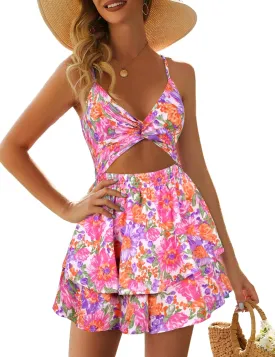 Women's Jumpsuit Sexy V Neck Twist Spaghetti Straps Double Layer Ruffle Hem Mini Short Romper