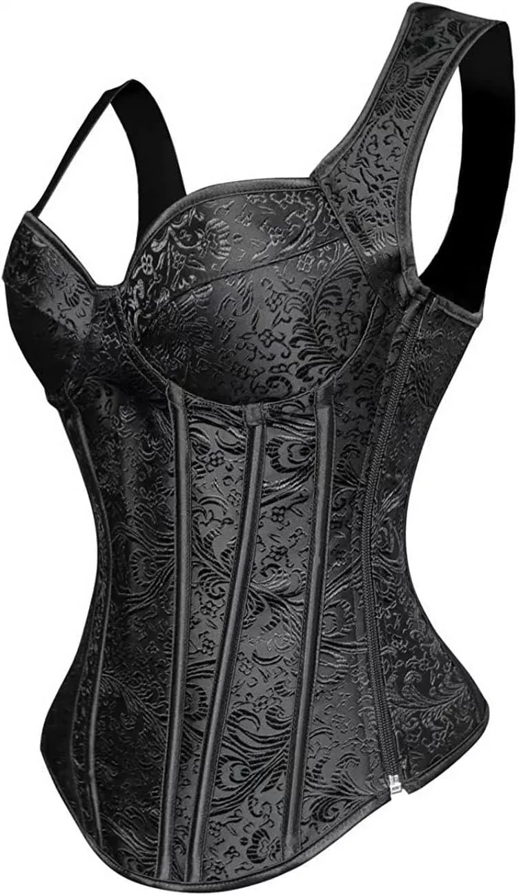 Women's Lace up Gothic Jacquard Shoulder Straps Tank Overbust Shaper Corset Bustiers Top