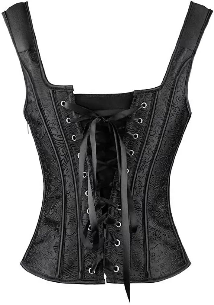 Women's Lace up Gothic Jacquard Shoulder Straps Tank Overbust Shaper Corset Bustiers Top